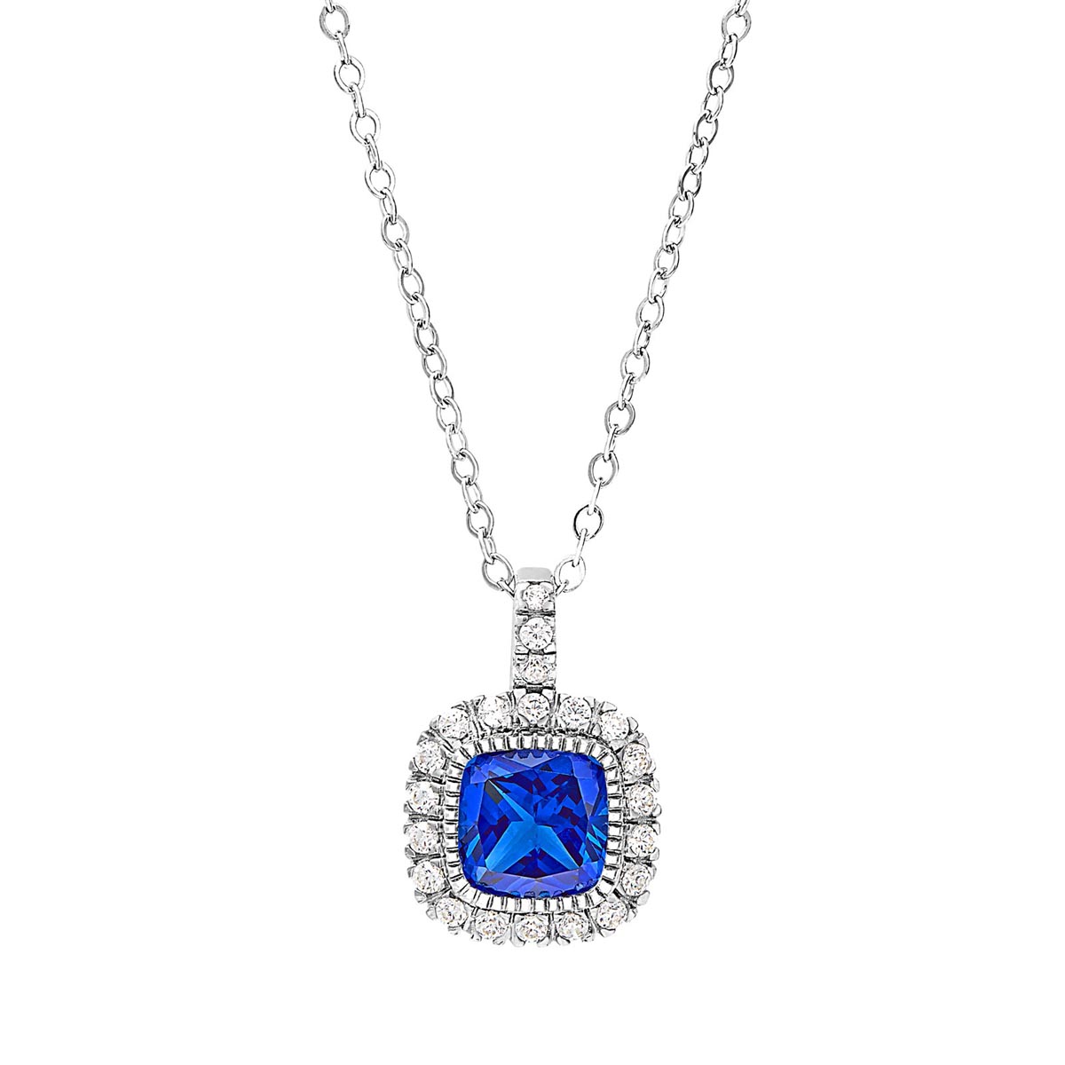 Blue Cubic Zirconia Square Necklace in Sterling Silver with Platinum Finish