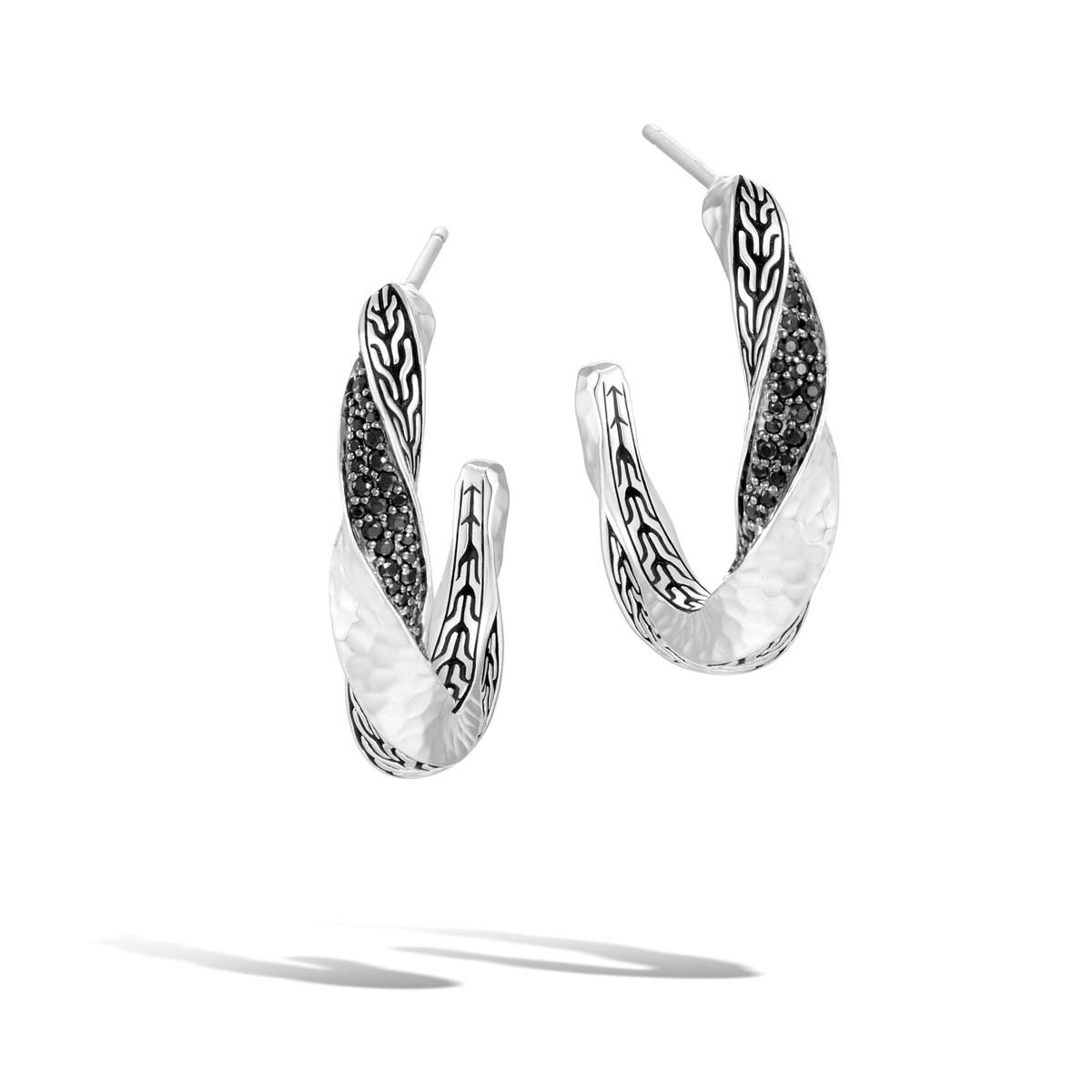 John Hardy Classic Chain Twist Hoop Earrings with Black Sapphire and Spinel in Sterling Silver