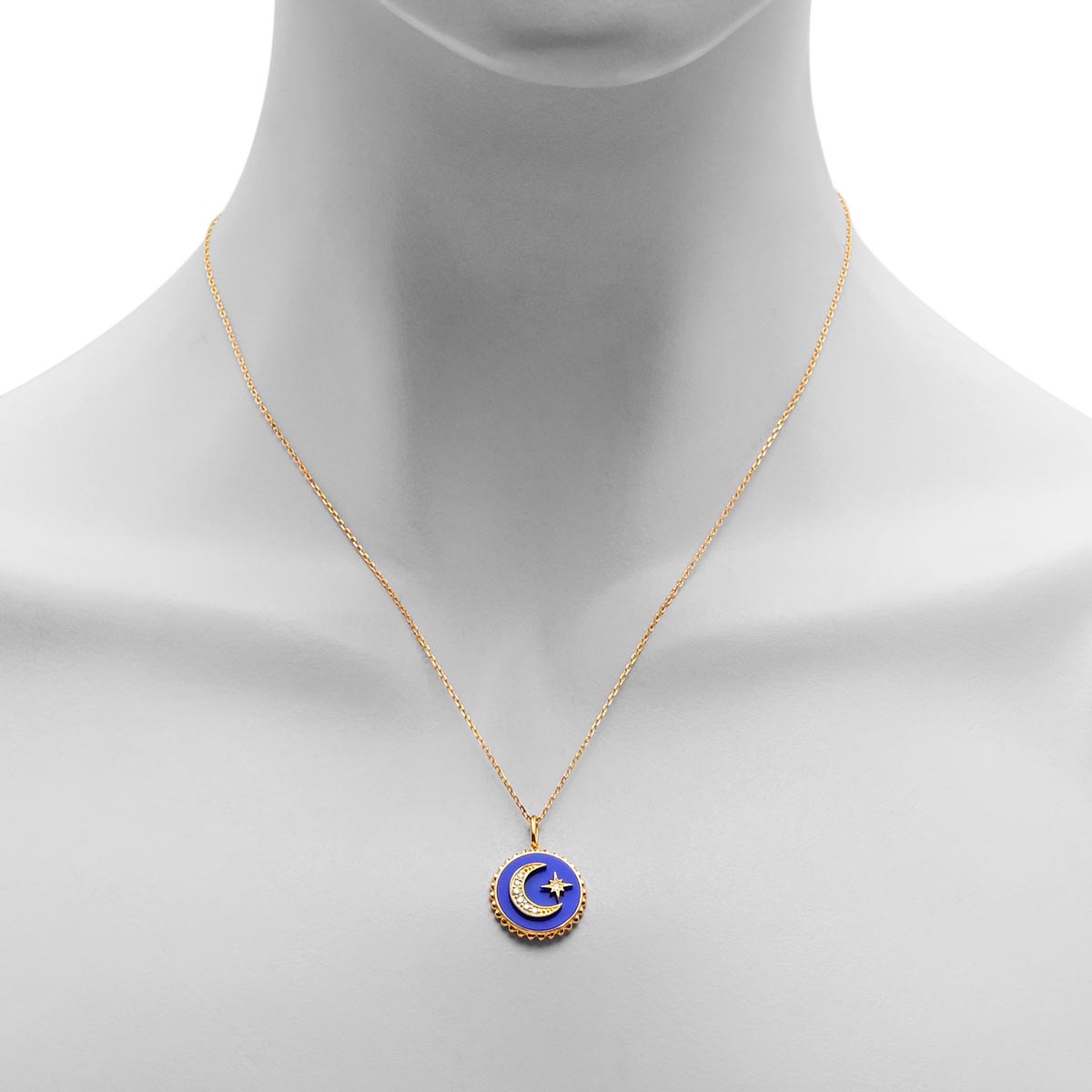 Blue Enamel Moon and Star Necklace with Diamond in Sterling Silver and Gold Plate