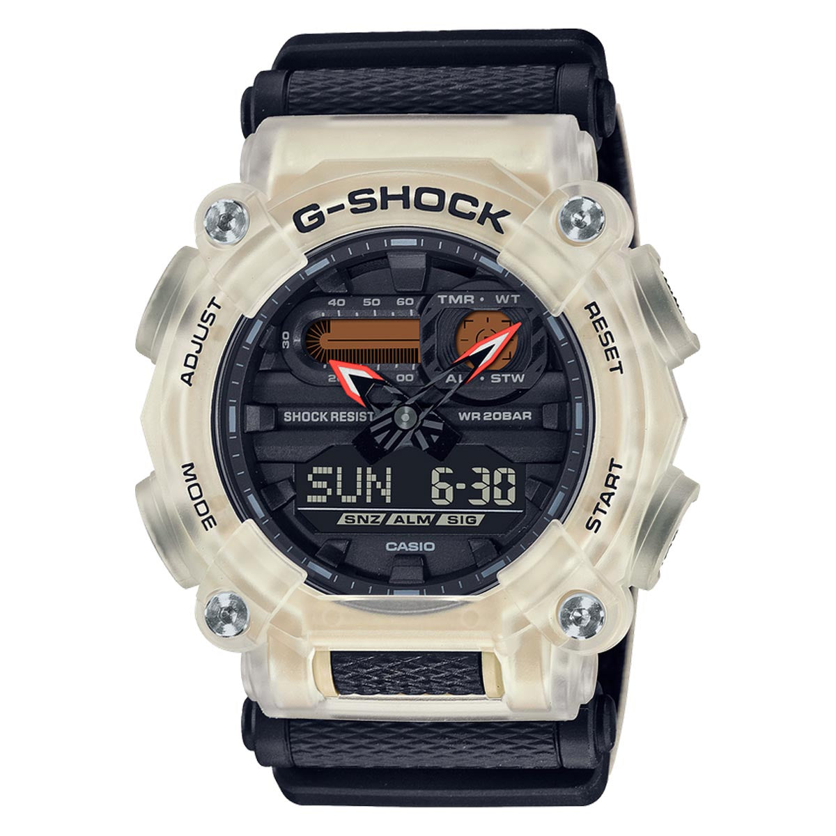 G Shock Mens Watch with Black Dial and Orange and White Canvas Band (quartz movement)