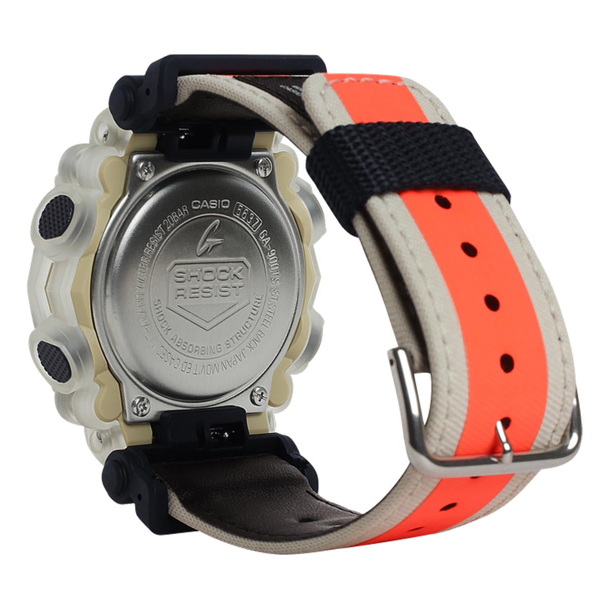 G Shock Mens Watch with Black Dial and Orange and White Canvas Band (quartz movement)