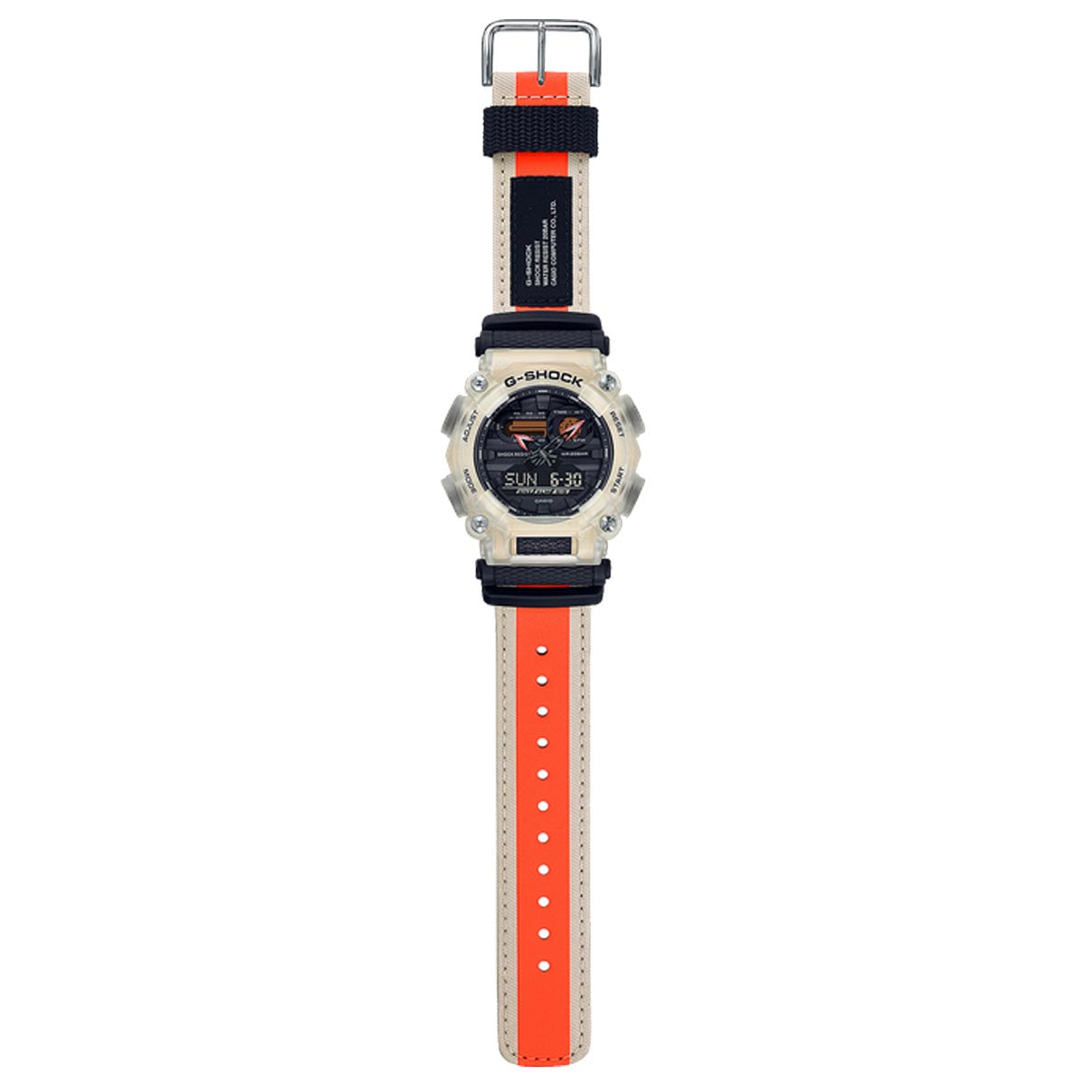 G Shock Mens Watch with Black Dial and Orange and White Canvas Band (quartz movement)
