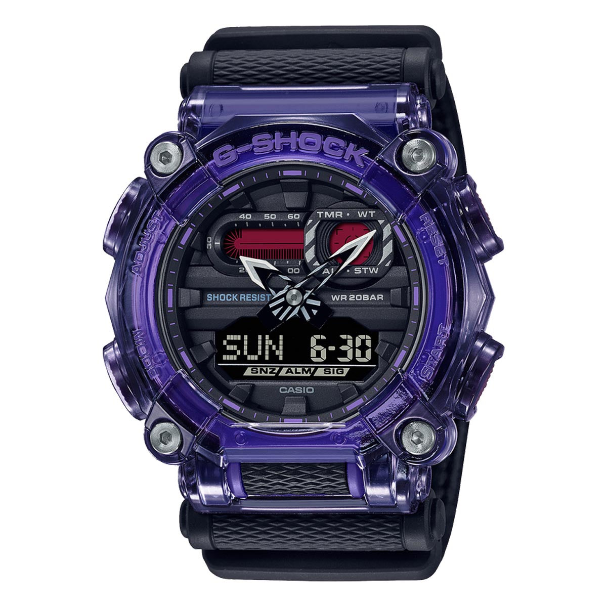 G Shock Mens Watch with Black Dial and Purple and Blue Canvas Strap (quartz movement)