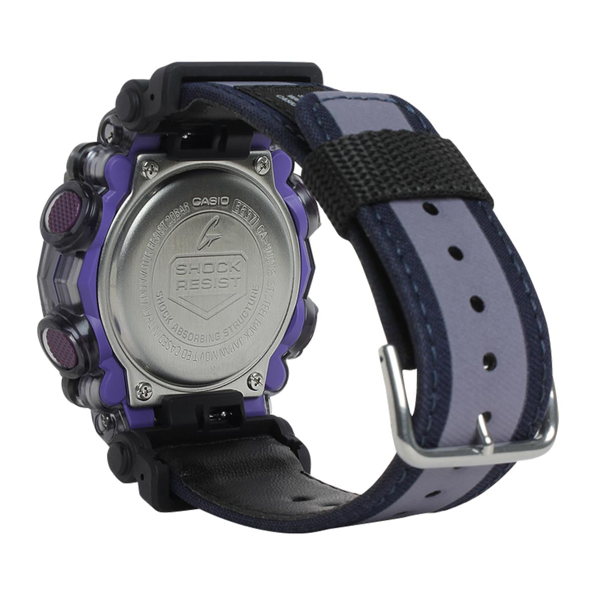 G Shock Mens Watch with Black Dial and Purple and Blue Canvas Strap (quartz movement)