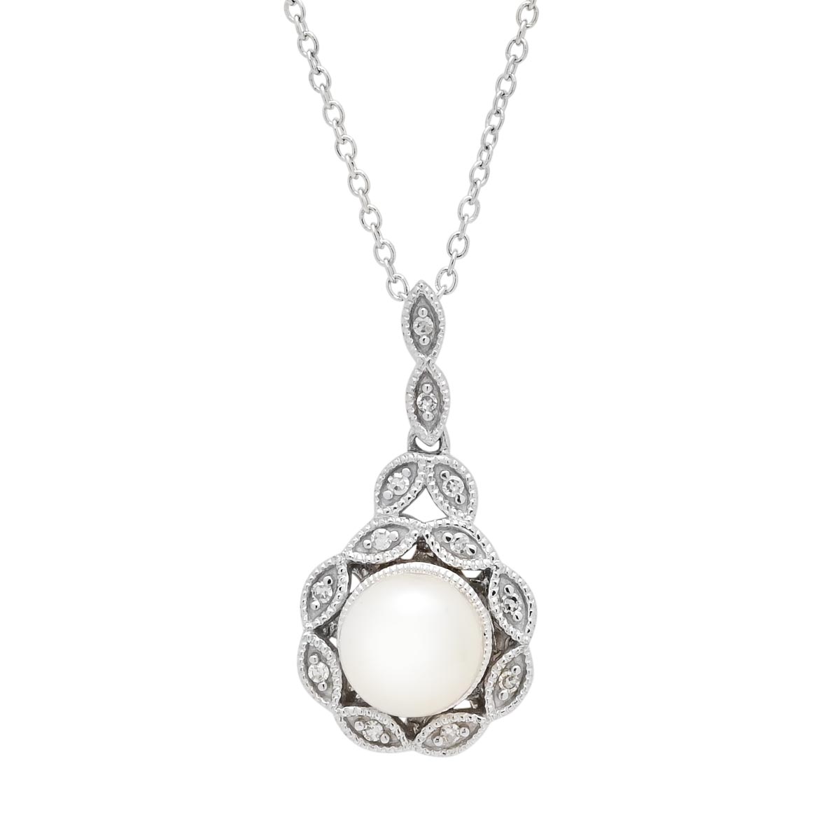 Cultured Freshwater Pearl Necklace in Sterling Silver with Diamonds (1/20ct tw and 6.5mm pearl)