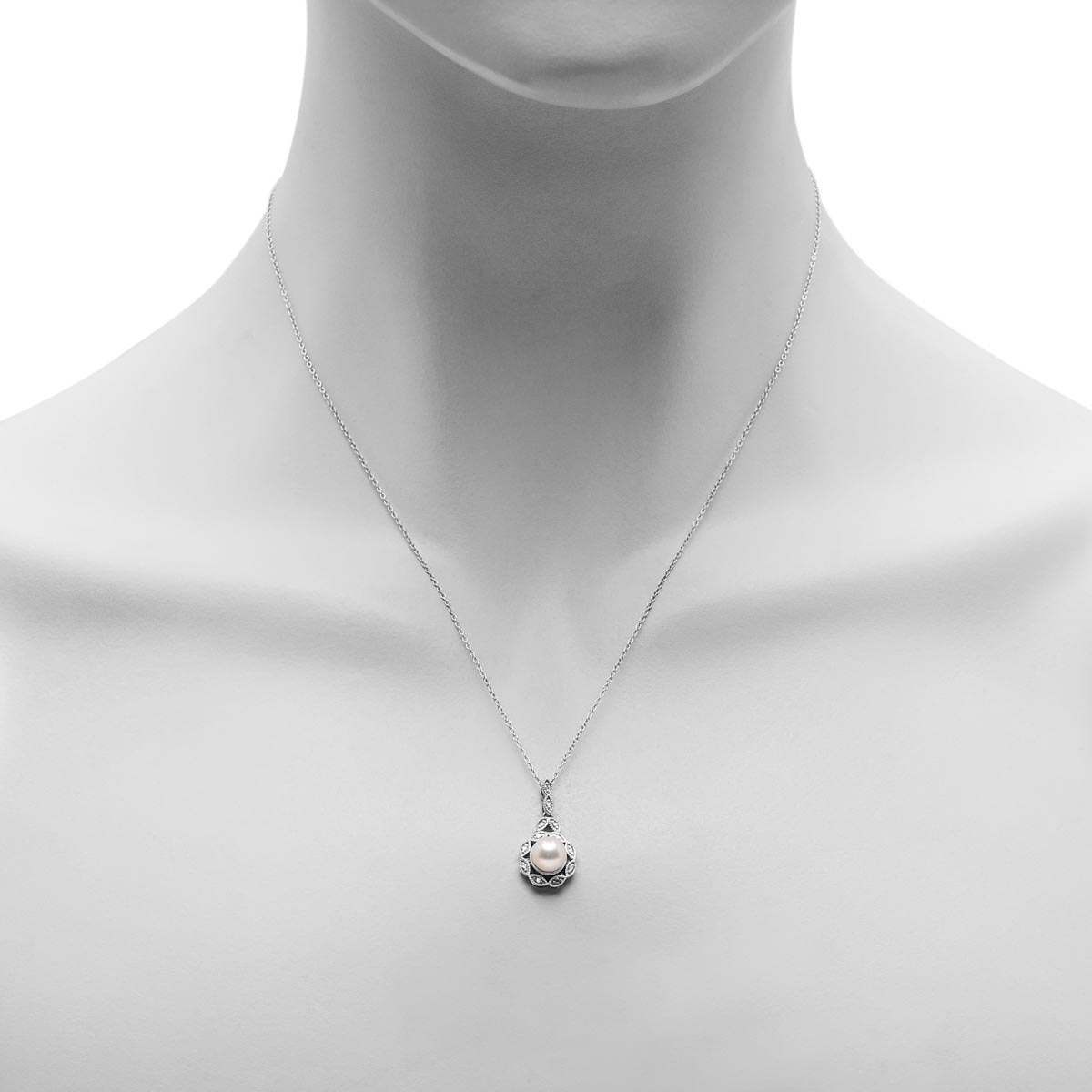 Cultured Freshwater Pearl Necklace in Sterling Silver with Diamonds (1/20ct tw and 6.5mm pearl)
