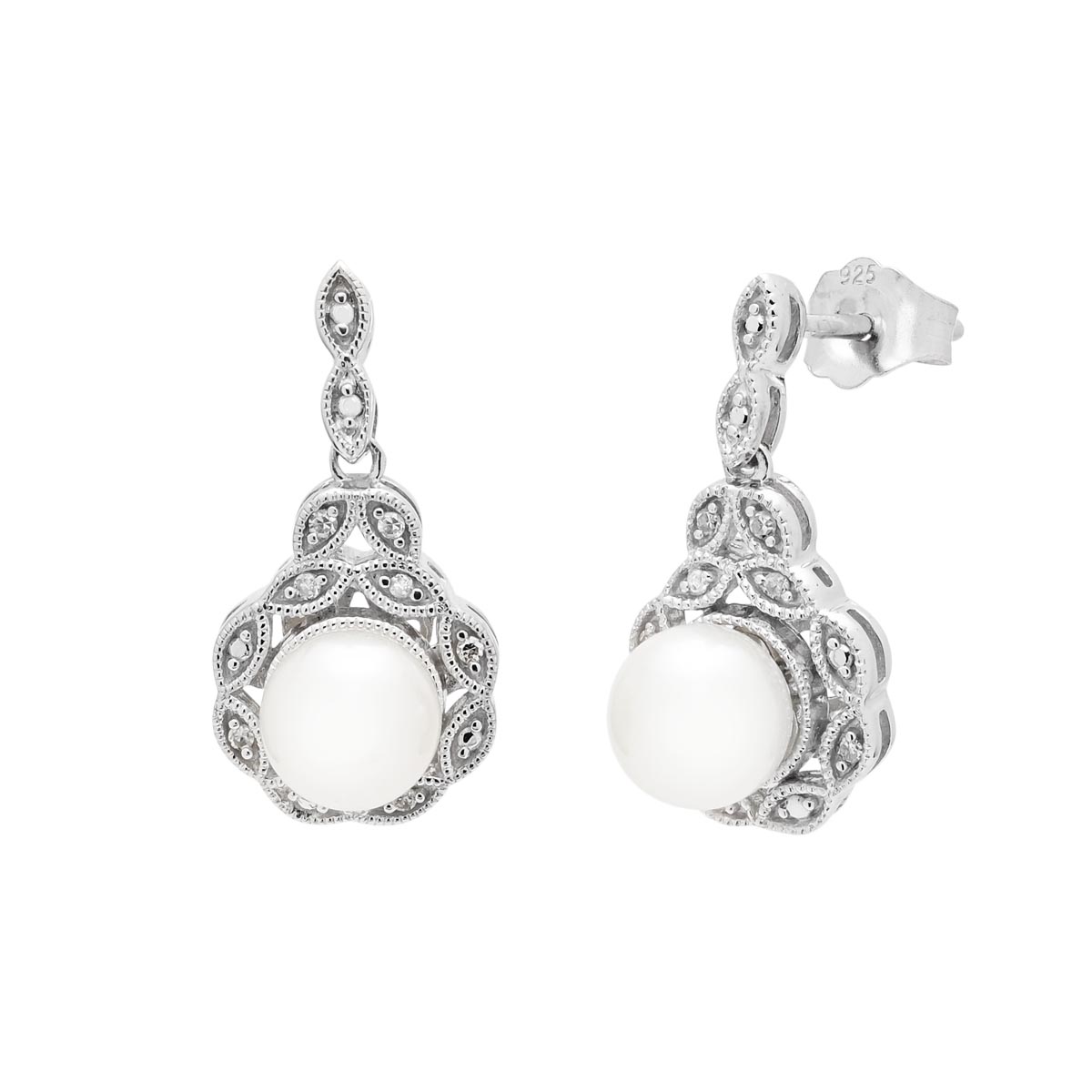 Cultured Freshwater Pearl Earrings in Sterling Silver with Diamonds (1/20ct tw and 6mm pearls)