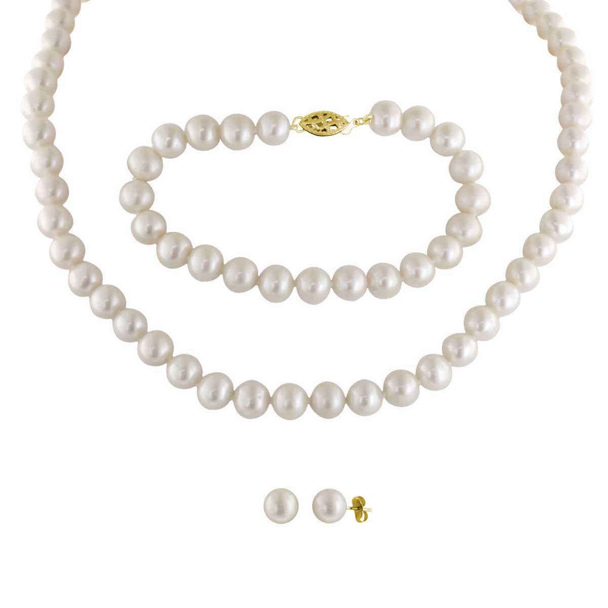 Cultured Freshwater Pearl Earrings Necklace and Bracelet Set in 14kt Yellow Gold (7-8mm pearls)