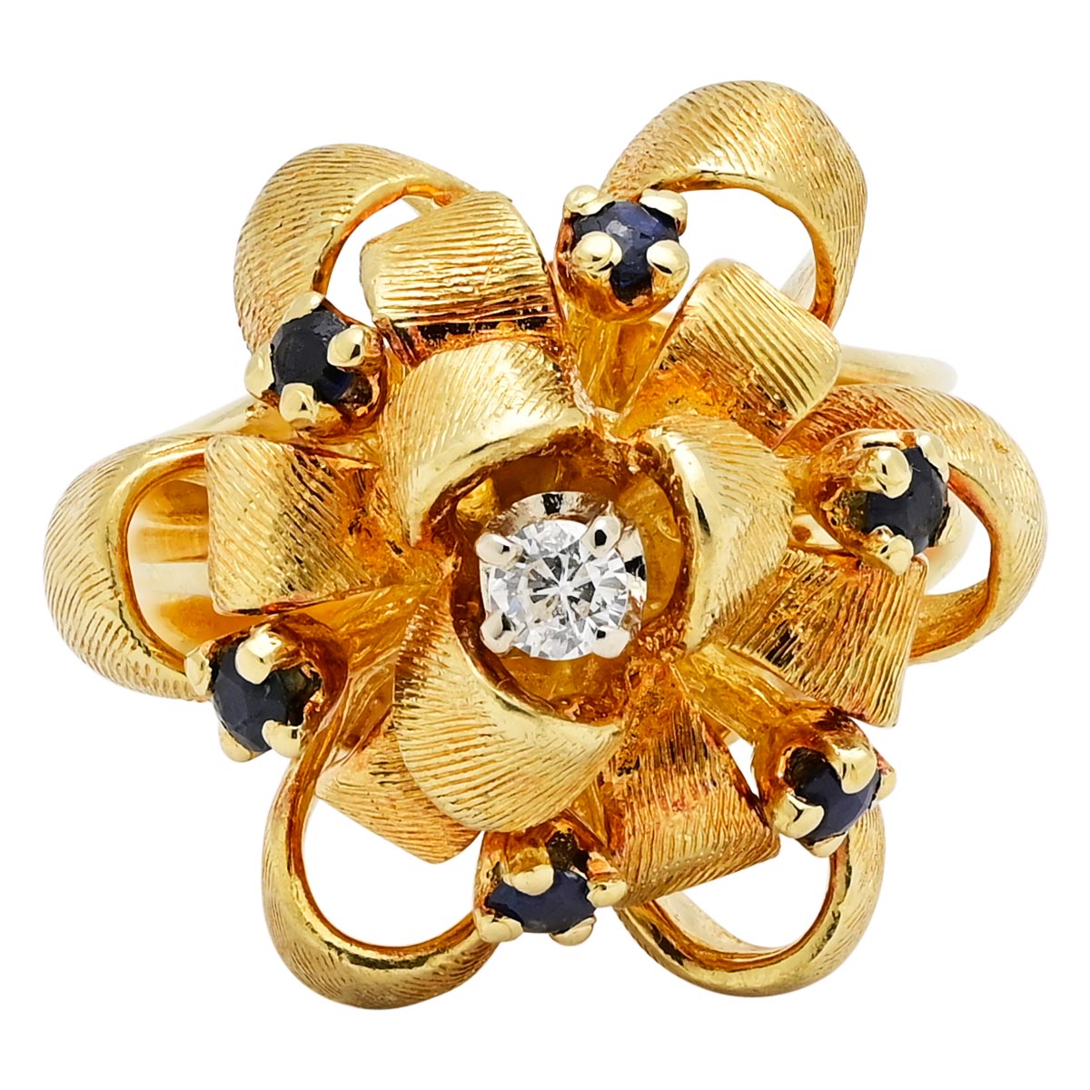 Estate Sapphire Ribbon Ring in 18kt Yellow Gold with Diamond (1/10ct)
