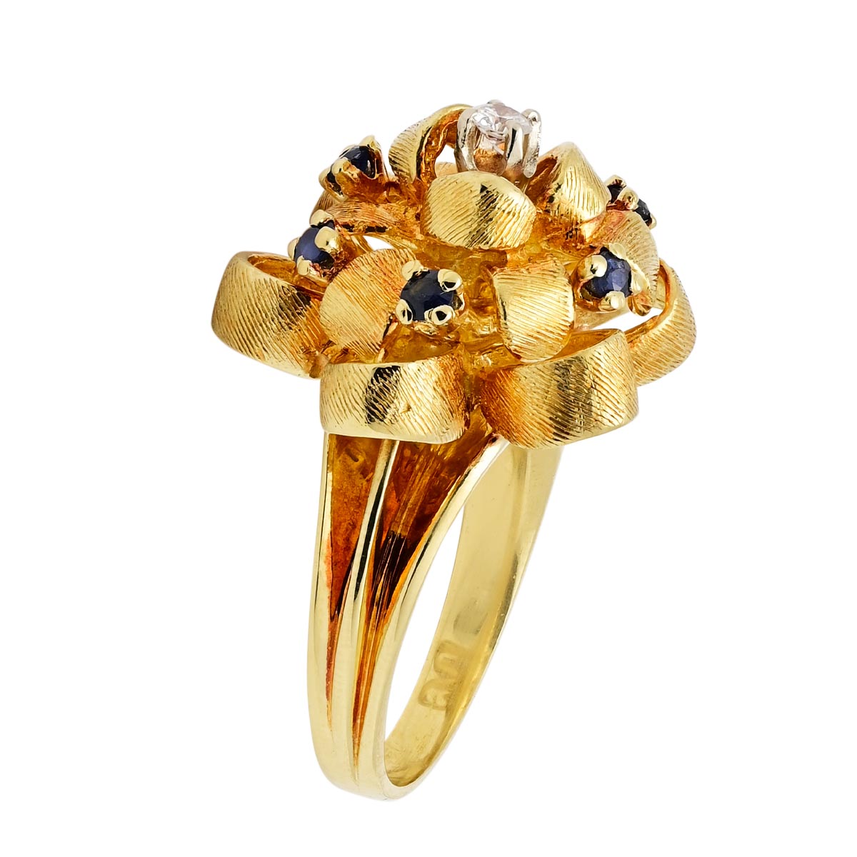 Estate Sapphire Ribbon Ring in 18kt Yellow Gold with Diamond (1/10ct)