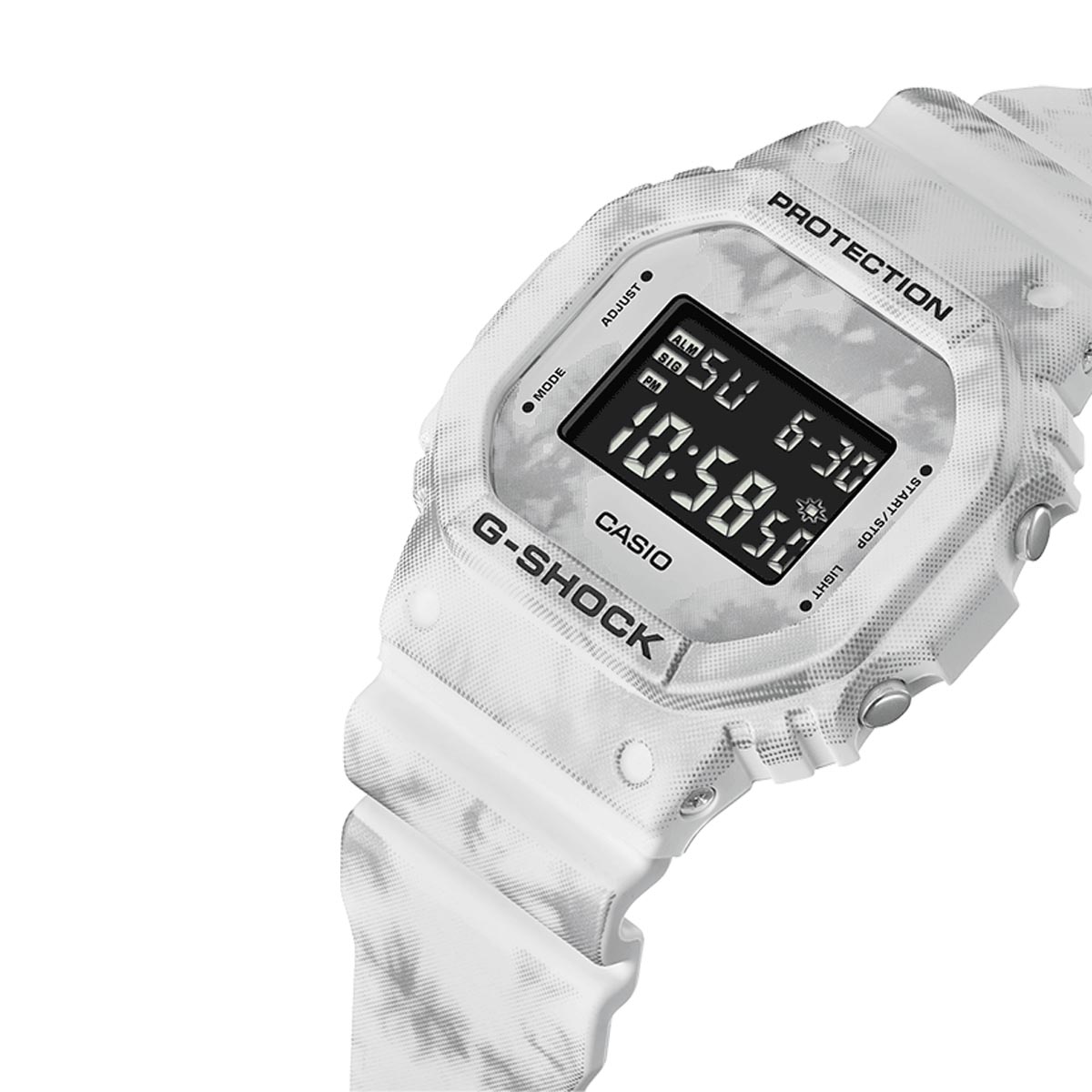 G Shock Mens Watch with Black Digital Dial and White and Grey Marble Strap (quartz movement)