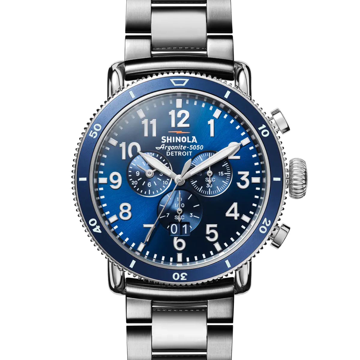 Shinola Runwell Sport Mens Chronograph Watch with Blue Dial and Stainless Steel Bracelet (quartz movement)