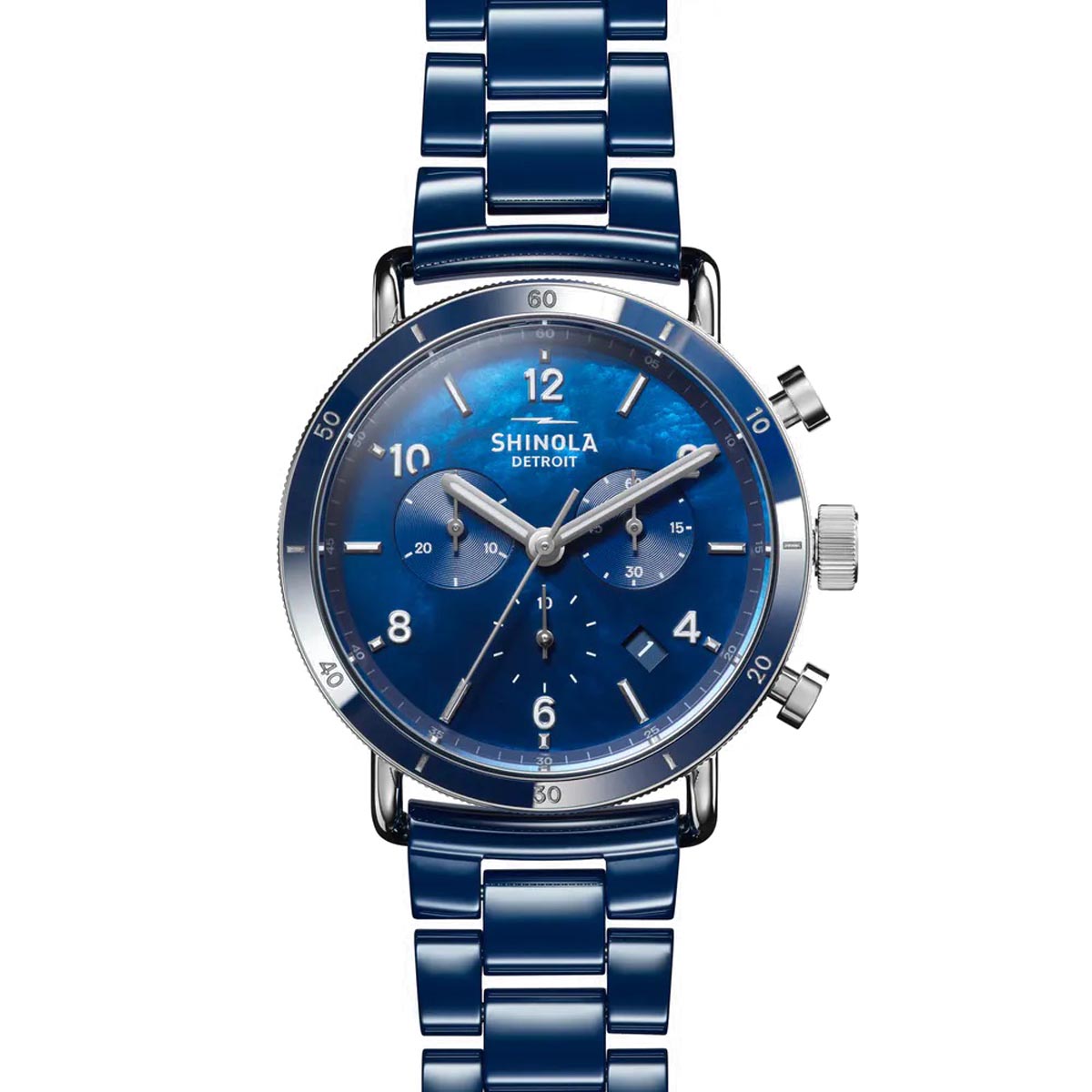 Shinola Canfield Sport Watch with Blue Dial and Blue Ceramic Bracelet (quartz movement)