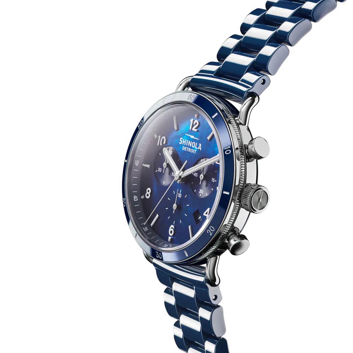 Shinola Canfield Sport Watch with Blue Dial and Blue Ceramic Bracelet (quartz movement)