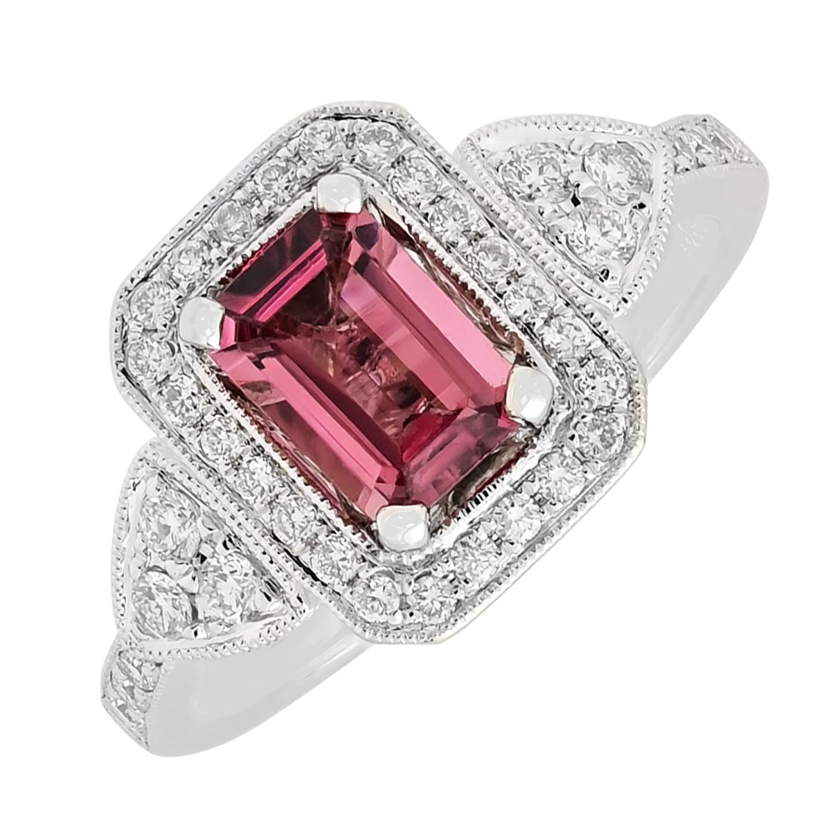 Maine Pink Tourmaline Emerald Cut Halo Ring in 14kt White Gold with Diamonds (3/8ct tw)