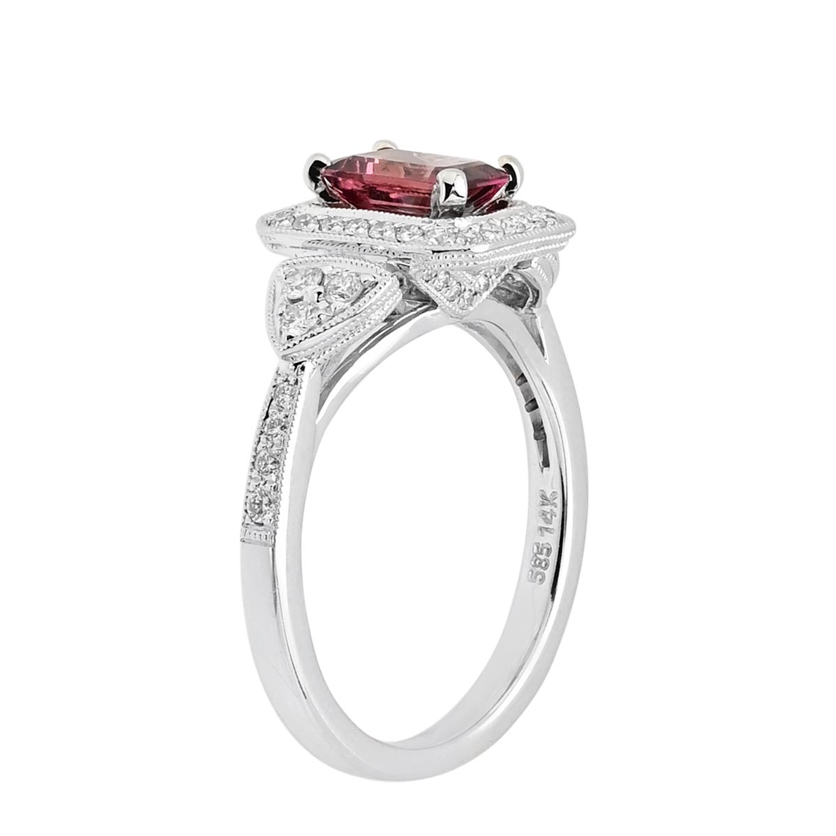 Maine Pink Tourmaline Emerald Cut Halo Ring in 14kt White Gold with Diamonds (3/8ct tw)