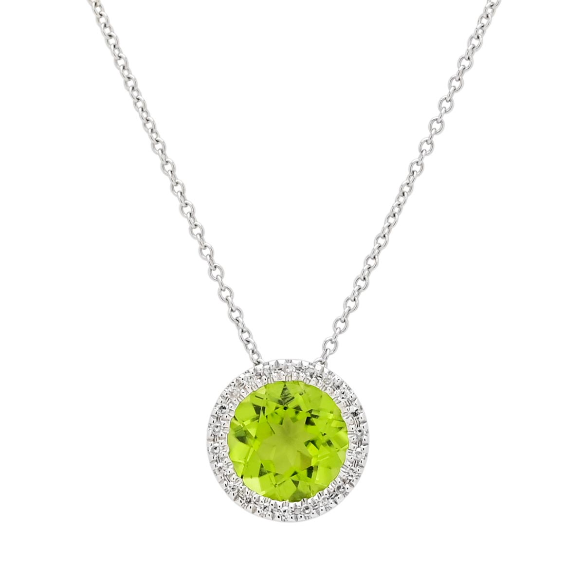 Madison L Peridot Halo Necklace in 14kt White Gold with Diamonds (1/20ct tw)