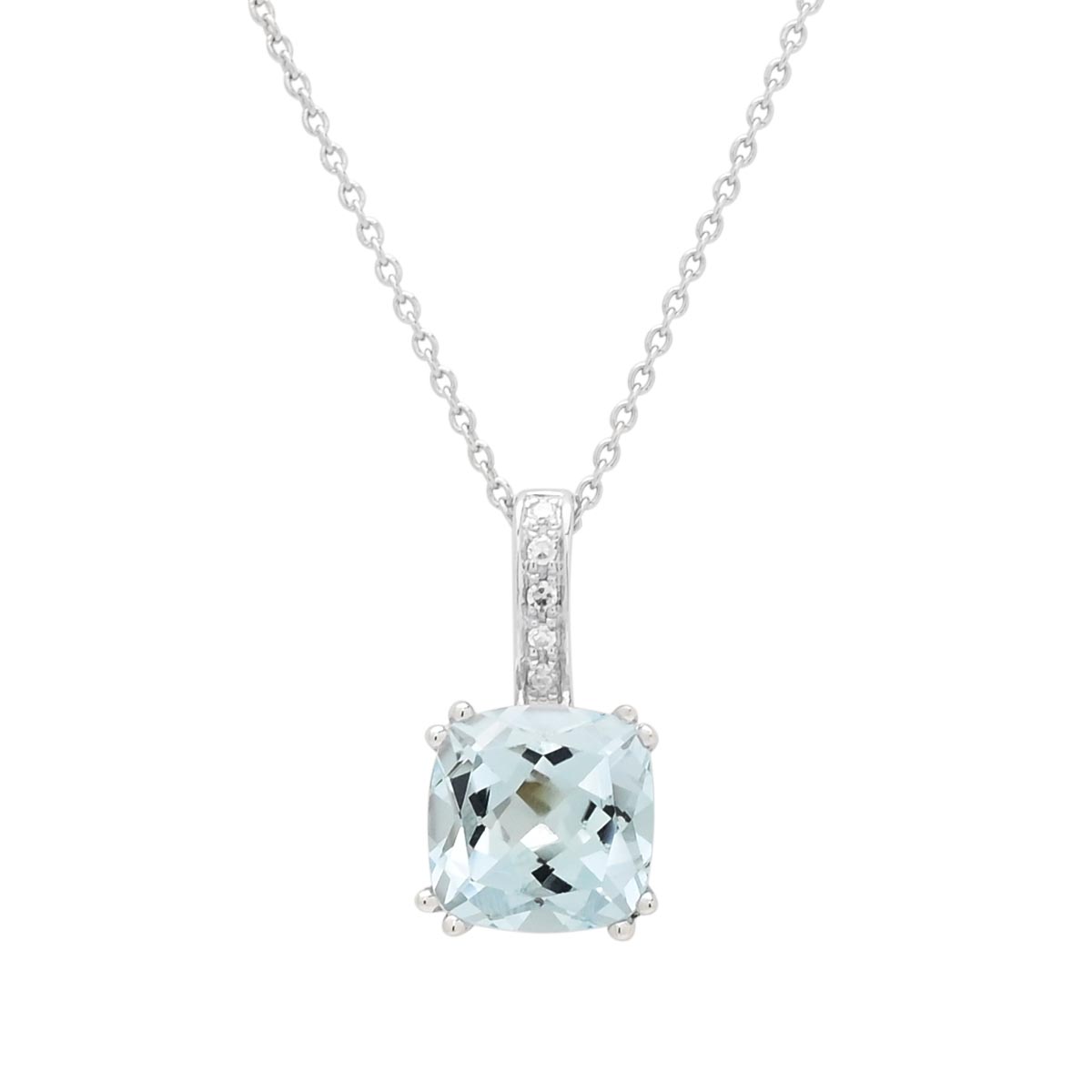 Madison L Cushion Aquamarine Necklace in 14kt White Gold with Diamonds (.02ct tw)