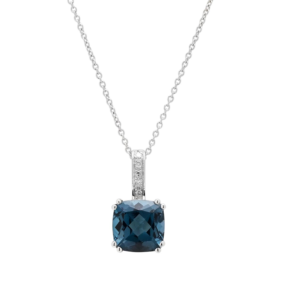 Madison L Cushion London Blue Topaz Necklace in 14kt White Gold with Diamonds (.02ct tw)