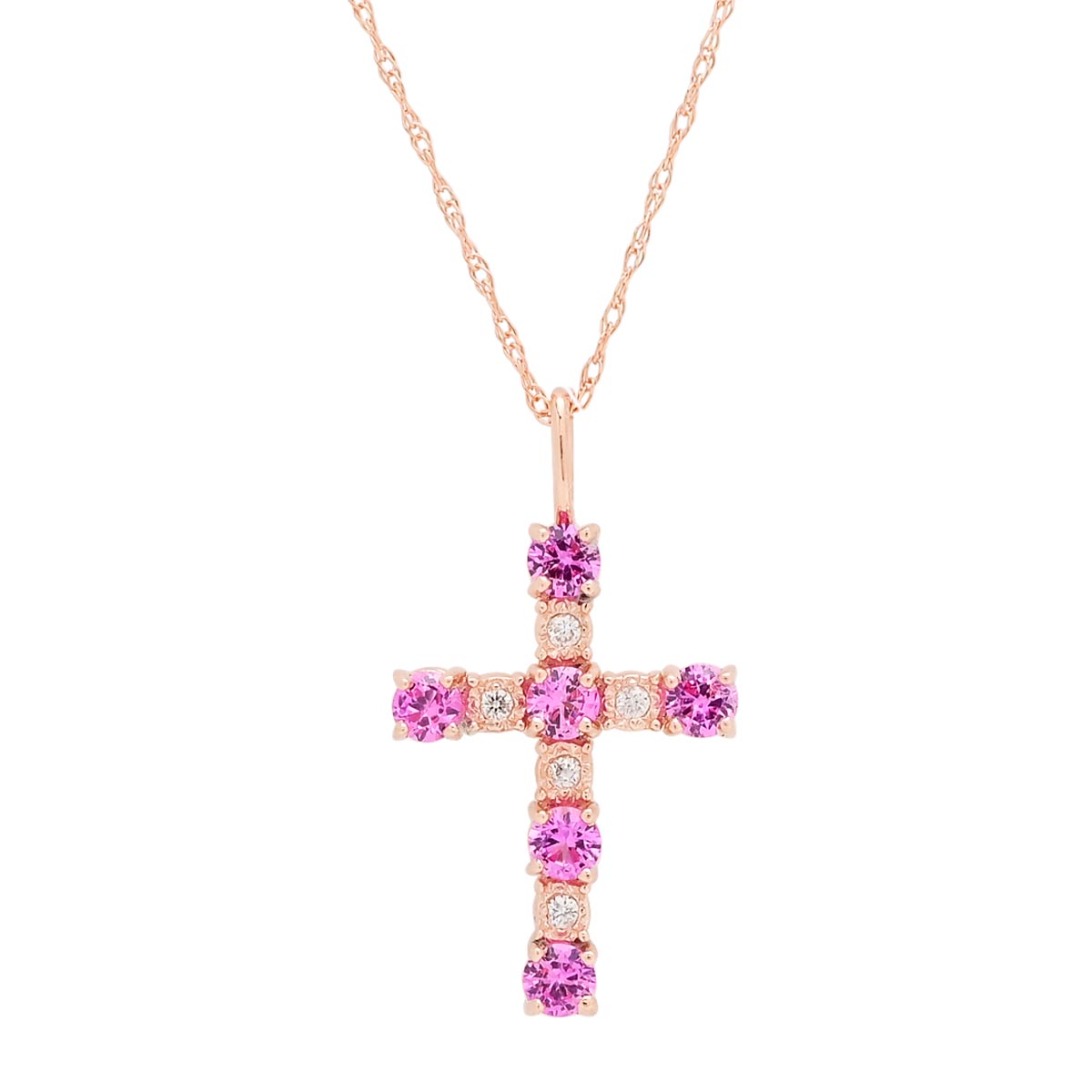 Pink Sapphire Cross Necklace in 14kt Rose Gold with Diamonds (.04ct tw)