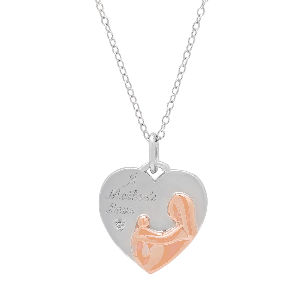 Mother and Child Heart Necklace in Sterling Silver and Rose Gold Plate with Diamond (.01ct)