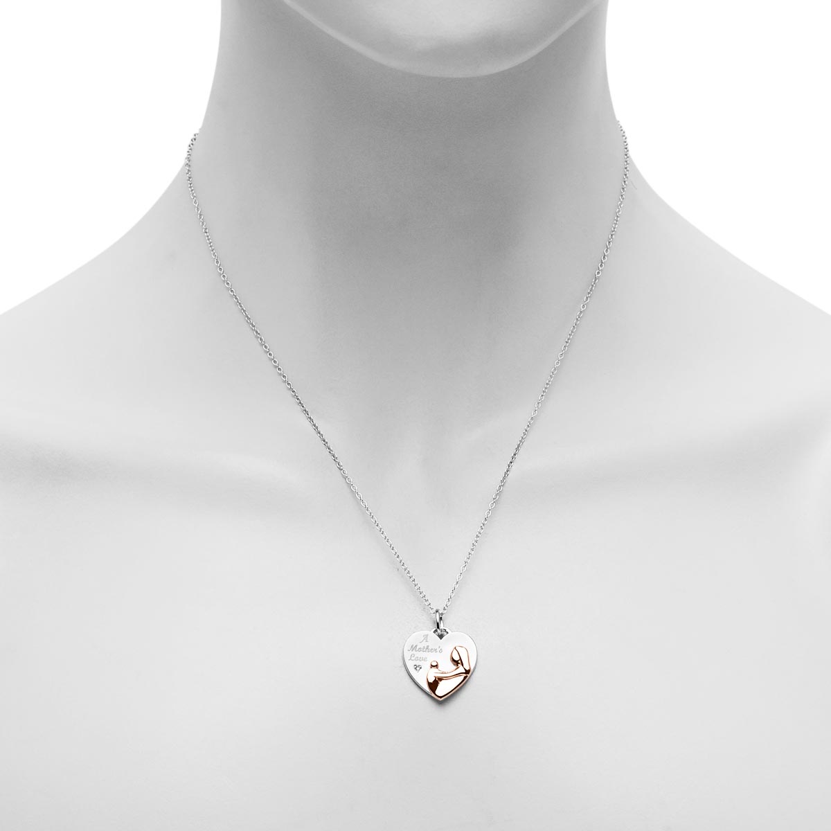 Mother and Child Heart Necklace in Sterling Silver and Rose Gold Plate with Diamond (.01ct)