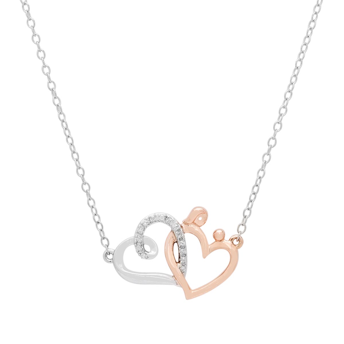 Mother and Child Double Heart Necklace in Sterling Silver and Rose Gold Plate with Diamonds (1/20ct tw)