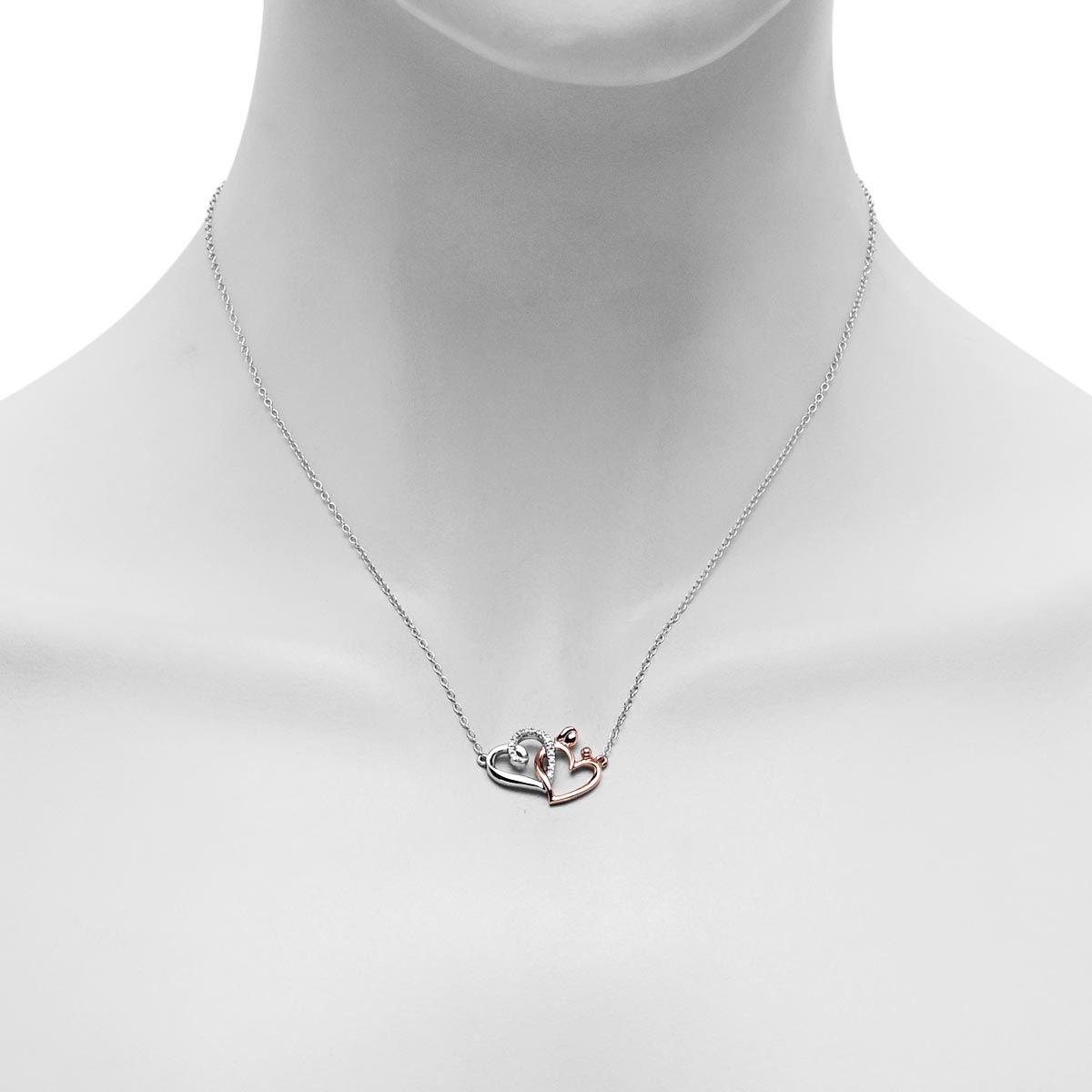 Mother and Child Double Heart Necklace in Sterling Silver and Rose Gold Plate with Diamonds (1/20ct tw)