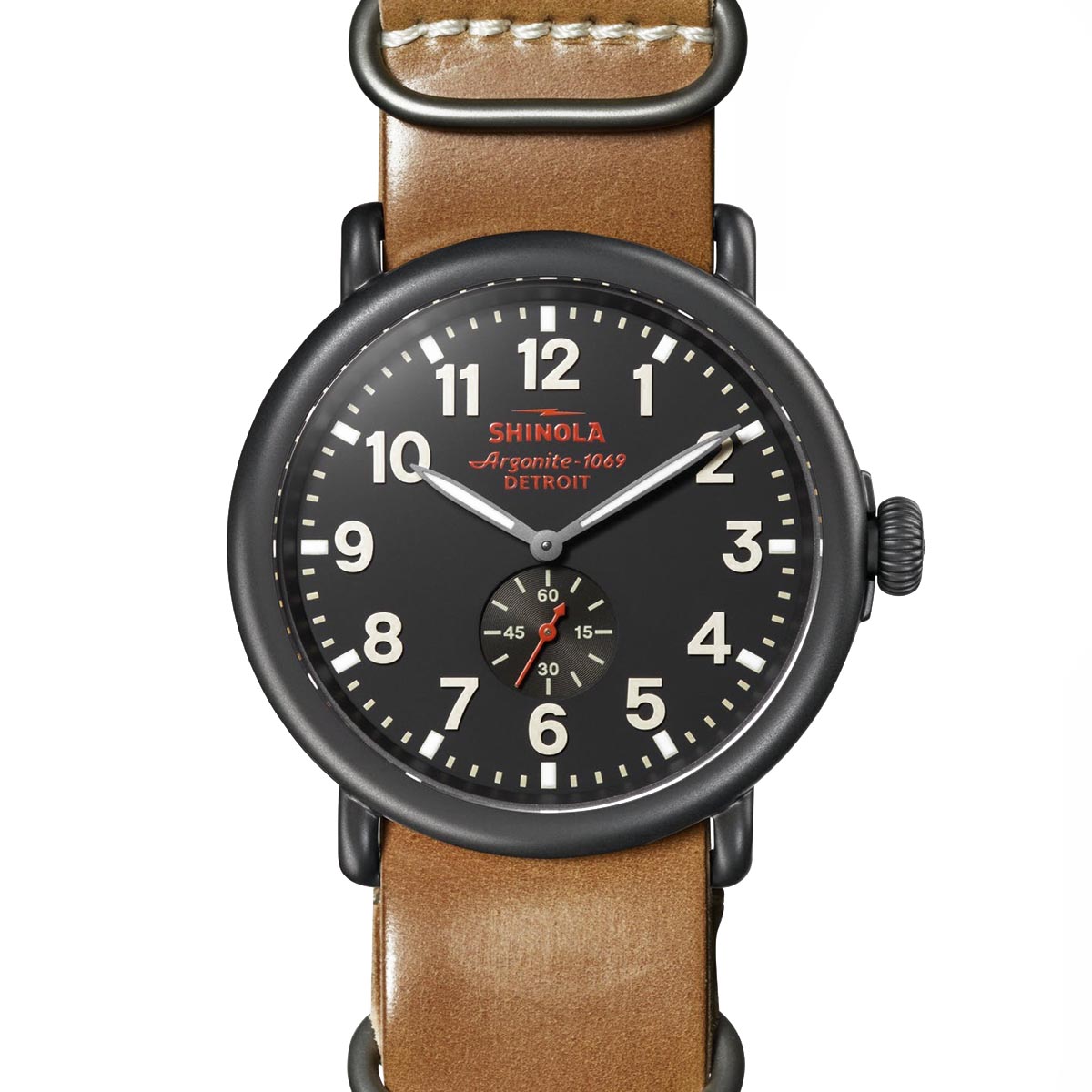 Shinola Runwell Mens Watch with Black Dial and Brown Leather Strap (quartz movement)