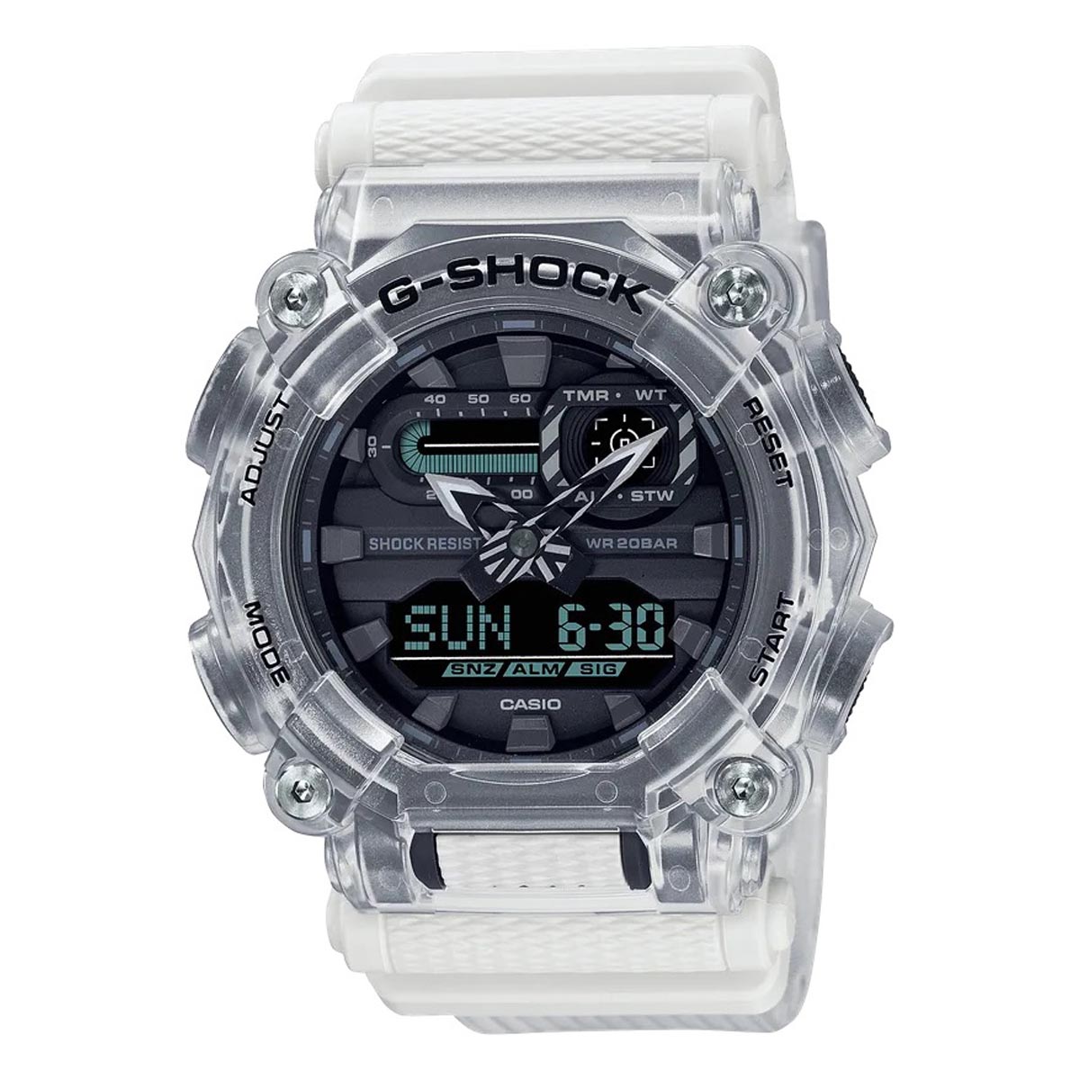 G Shock Mens Watch with Black Dial and Clear Resin Strap (quartz movement)