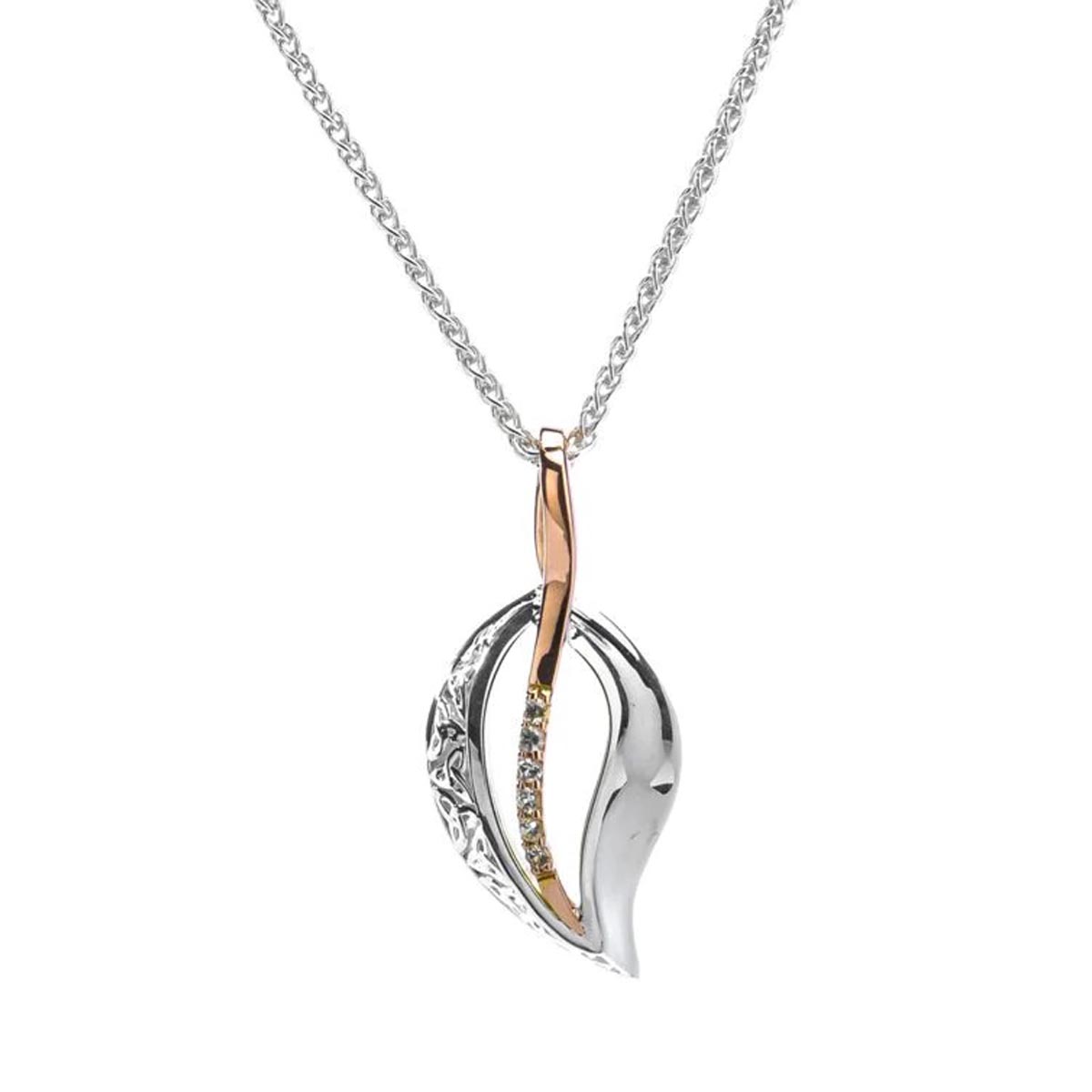 Keith Jack Small Trinity Leaf White Sapphire Necklace in Sterling Silver and 10kt Rose Gold