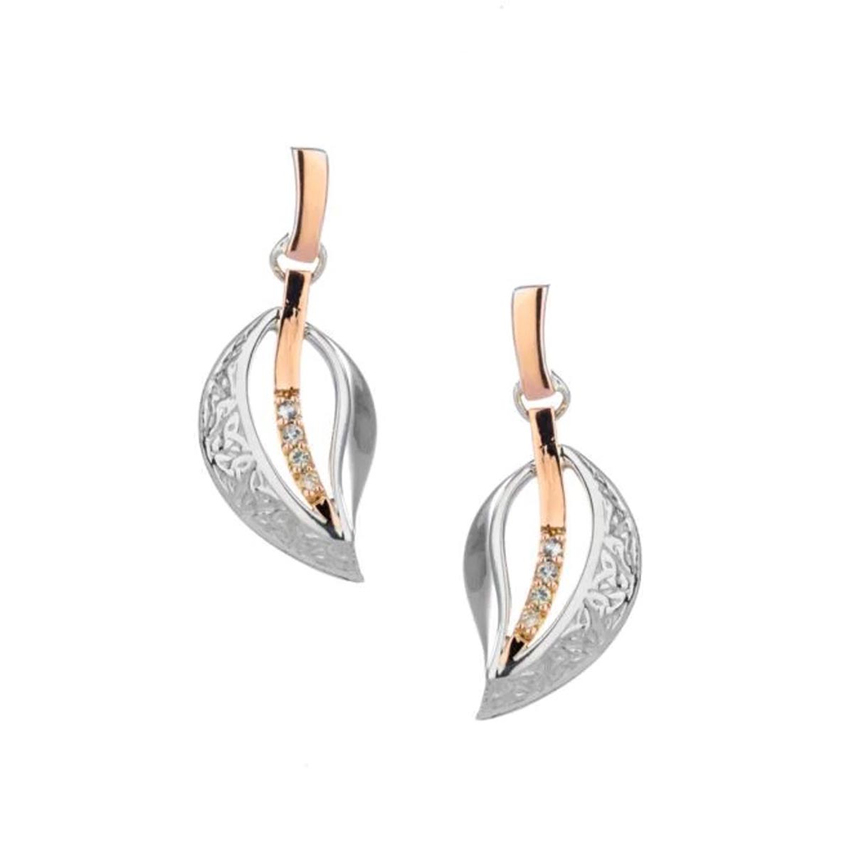 Keith Jack Trinity Leaf White Sapphire Earrings in Sterling Silver and 10kt Rose Gold