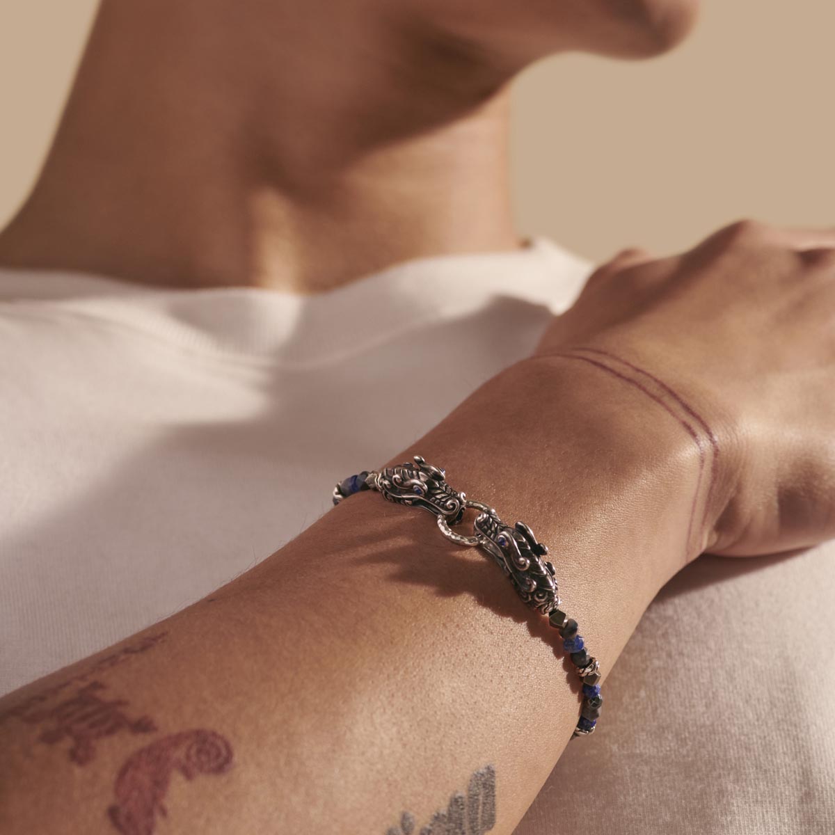 John Hardy Legends Naga Sapphire Double Dragon Head Bracelet in Sterling Silver with Multicolor Beads