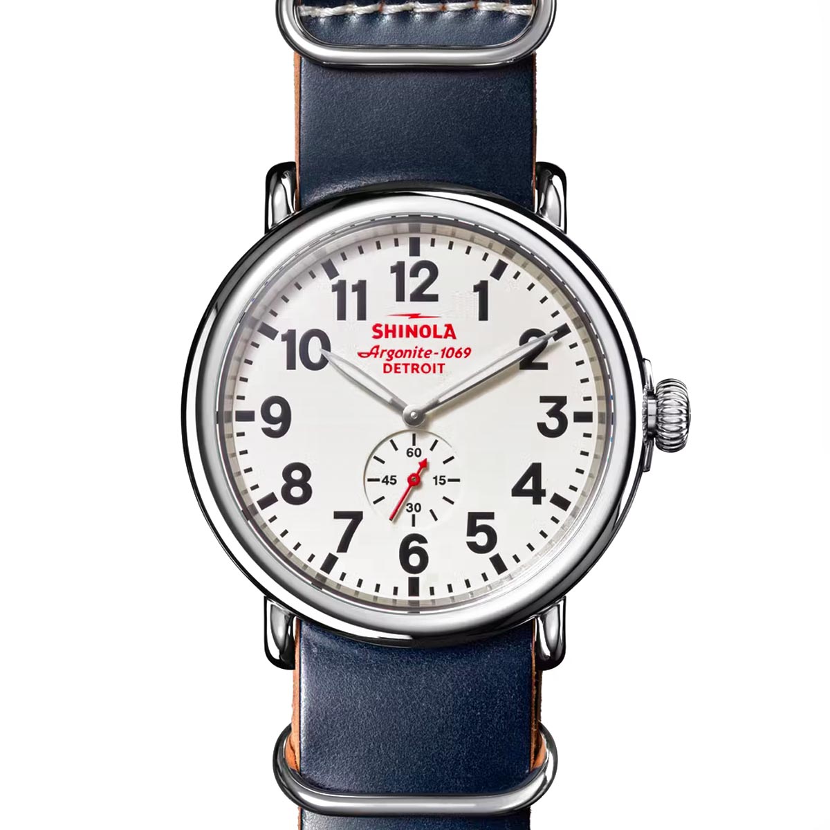 Shinola Runwell Mens Watch with White Dial and Navy Blue Leather Bracelet (quartz movement)