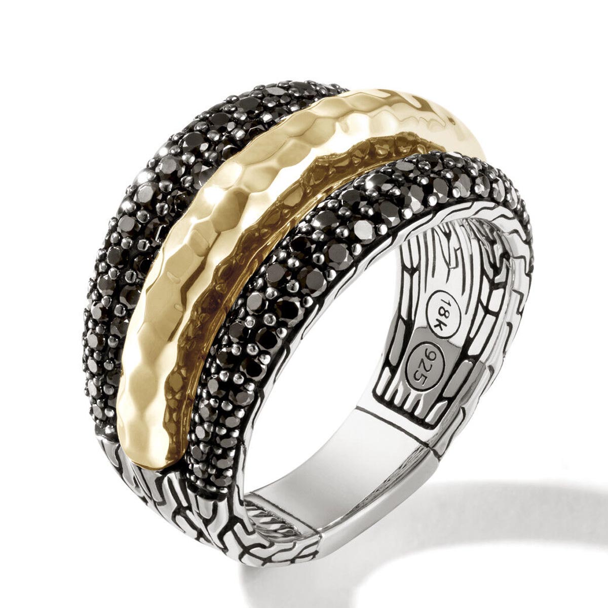 John Hardy Classic Chain Collection Black Sapphire and Spinel Ring in Sterling Silver and 18kt Yellow Gold (size 7)