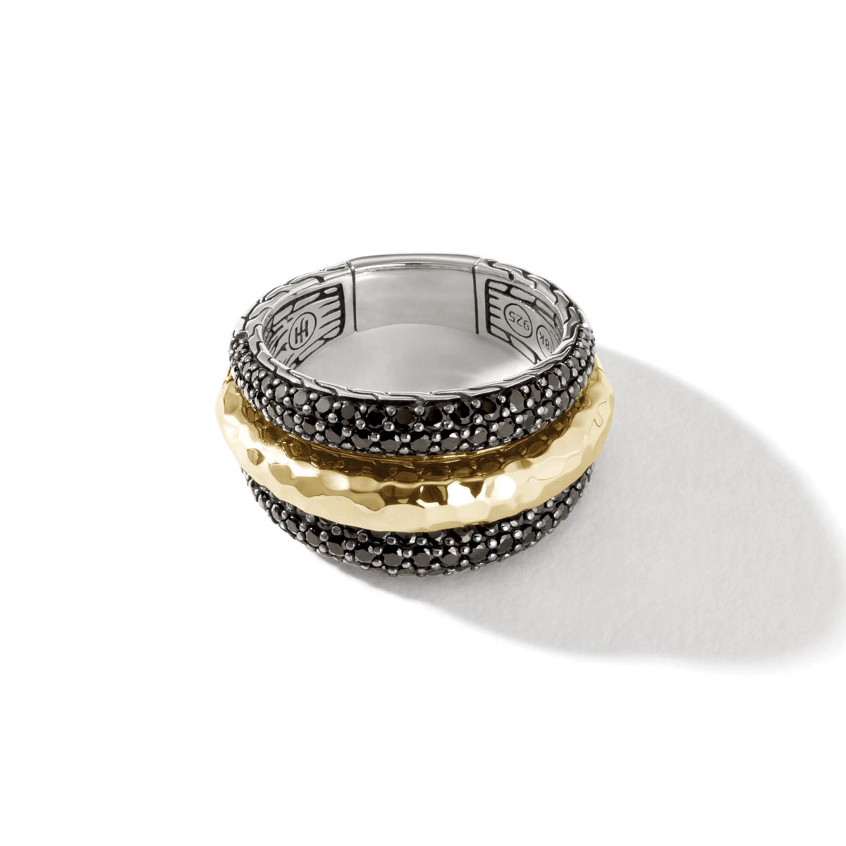 John Hardy Classic Chain Collection Black Sapphire and Spinel Ring in Sterling Silver and 18kt Yellow Gold (size 7)