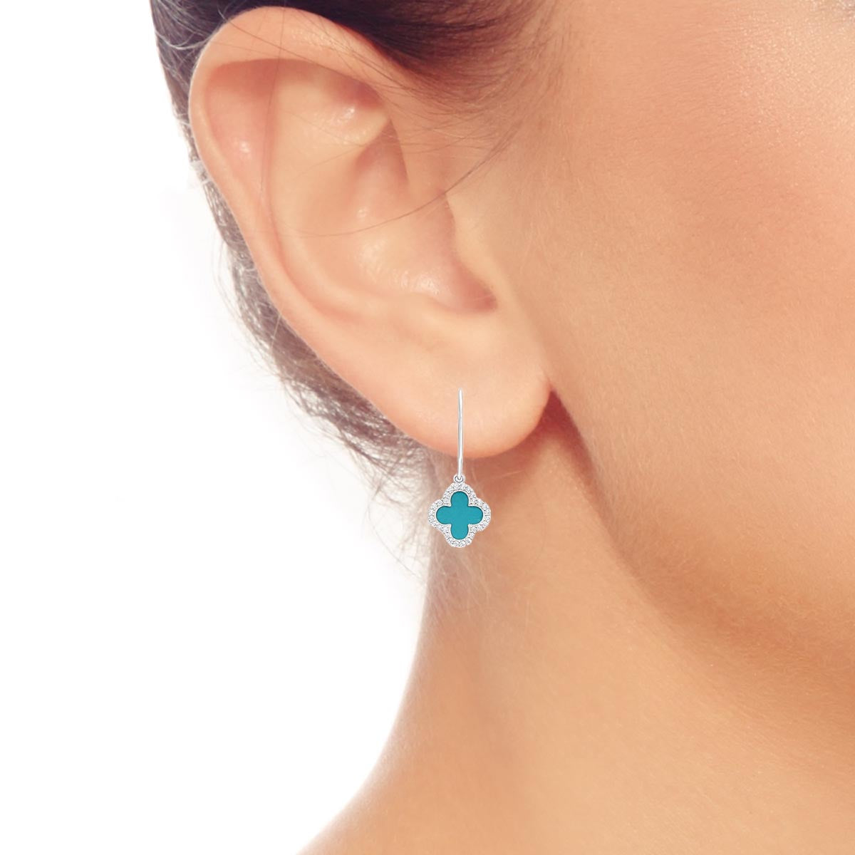Cubic Zirconia and Turquoise Enamel Clover Earring in Sterling Silver