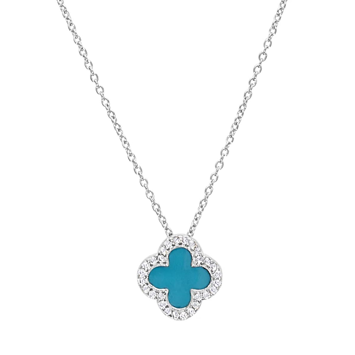 Cubic Zirconia and Turquoise Enamel Clover Necklace in Sterling Silver