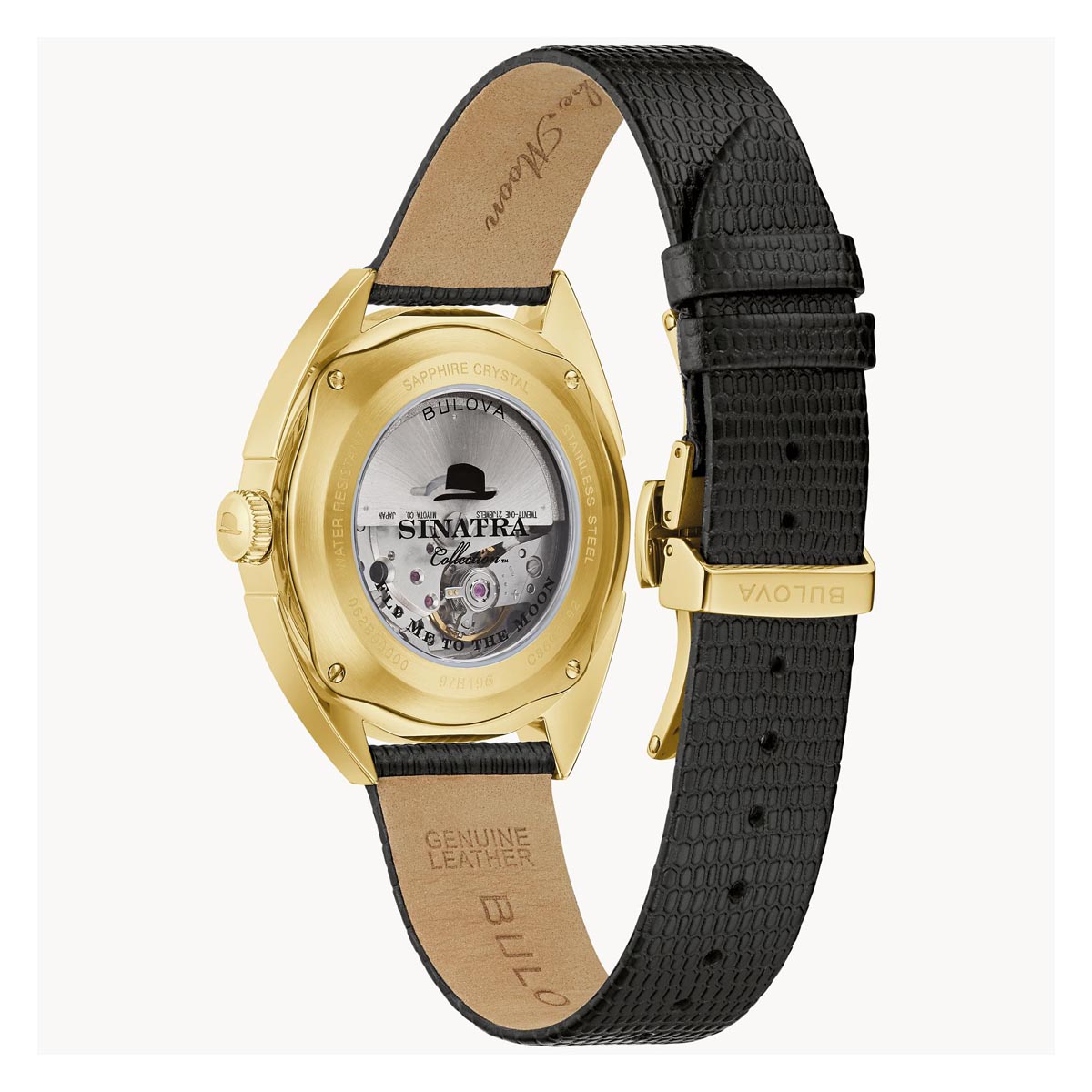 Bulova Frank Sinatra Fly Me to the Moon with White Dial and Black Leather Strap (automatic movement)