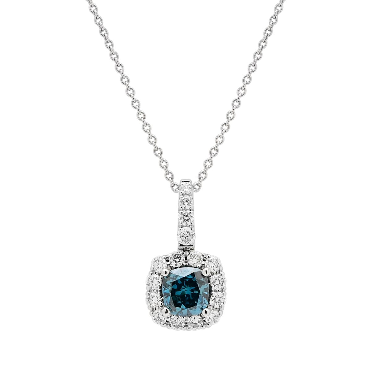 Cushion Cut Blue Diamond Halo Necklace in 14kt White  Gold (3/4ct tw)