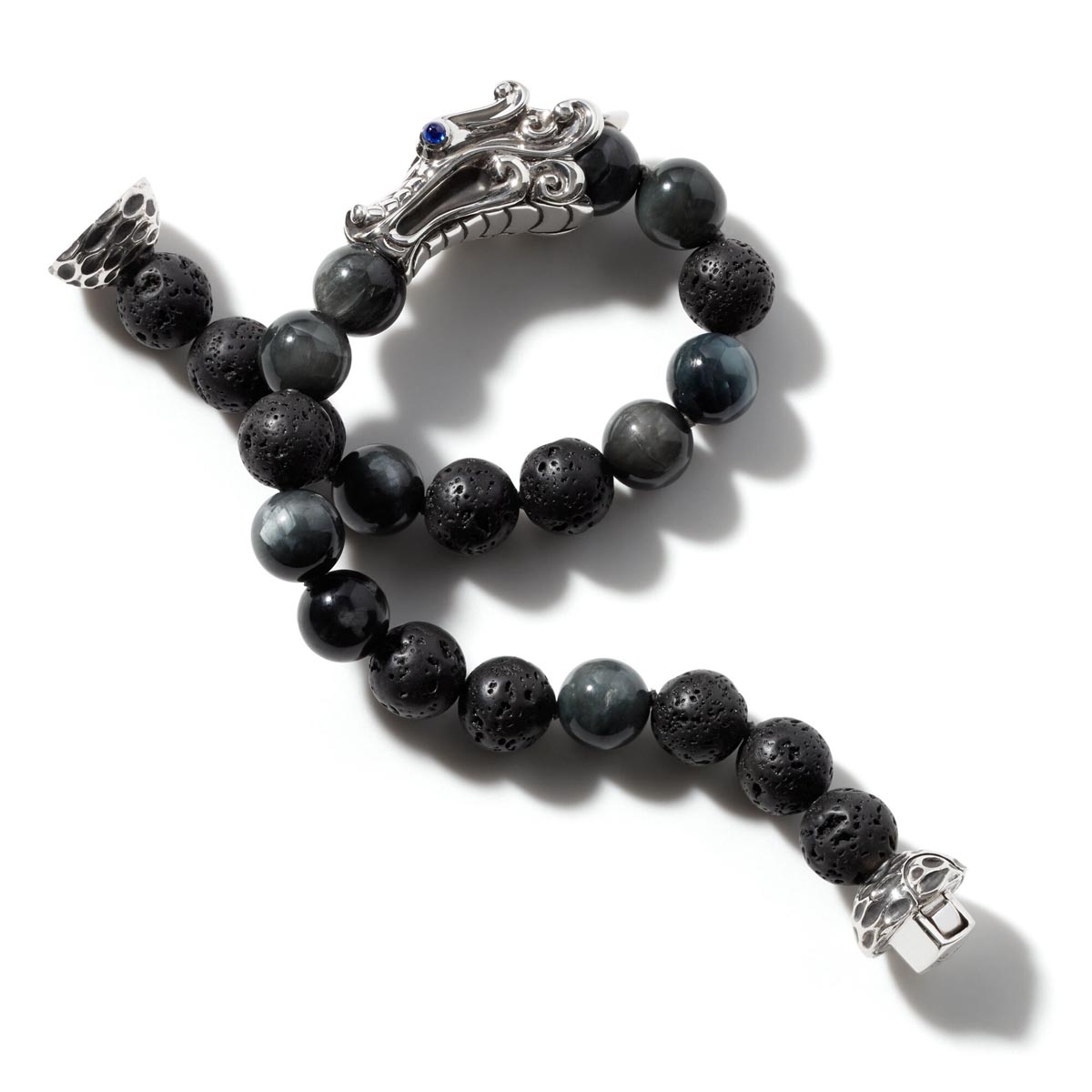 John Hardy Legends Naga Mens Obsidian Lava Rock and Eagle Eye Bead Bracelet in Sterling Silver with Sapphires
