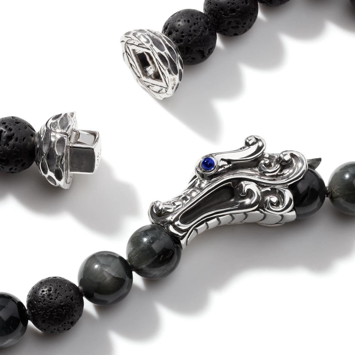 John Hardy Legends Naga Mens Obsidian Lava Rock and Eagle Eye Bead Bracelet in Sterling Silver with Sapphires