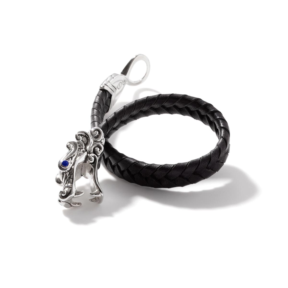 John Hardy Legends Naga Mens Sapphire Bracelet in Black Leather and Sterling Silver