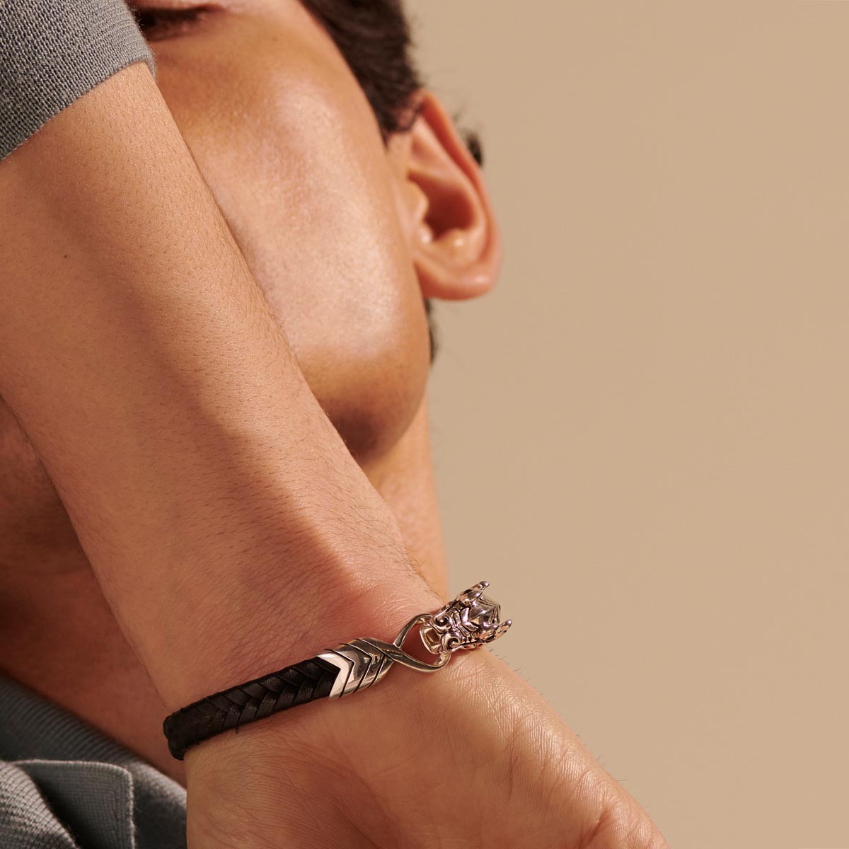 John Hardy Legends Naga Mens Sapphire Bracelet in Black Leather and Sterling Silver