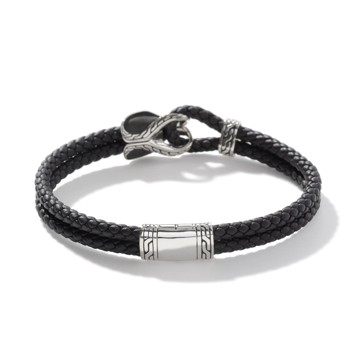 John Hardy Classic Chain Collection Mens Asli Double Row Bracelet in Black Leather and Sterling Silver