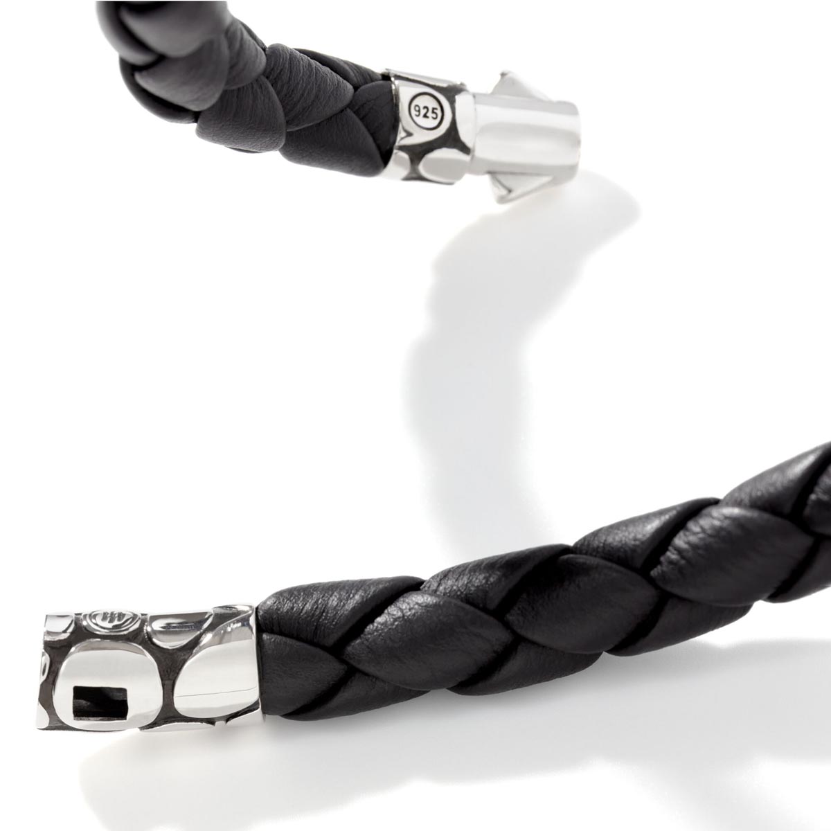 John Hardy Mens Kali Woven Black Leather Bracelet in Sterling Silver