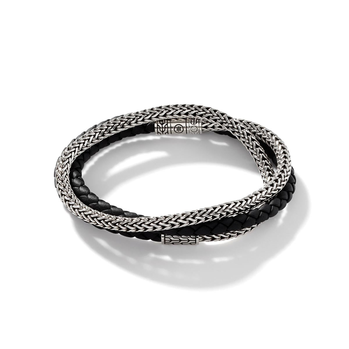 John Hardy Classic Chain Collection Mens Triple Wrap Bracelet in Black Leather and Sterling Silver