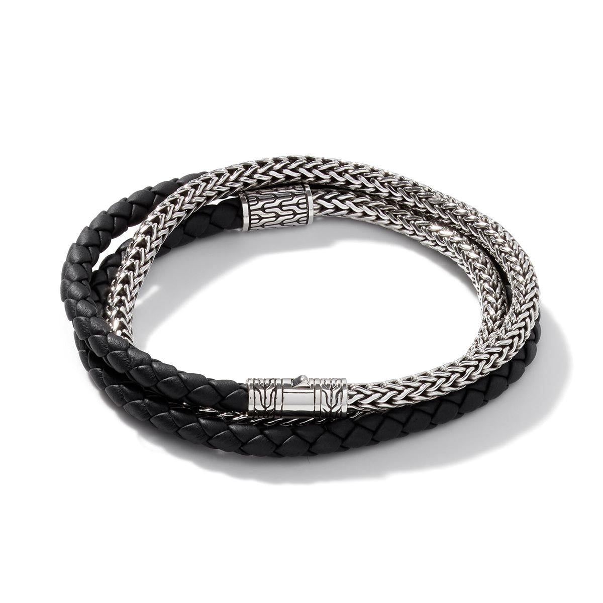 John Hardy Classic Chain Collection Mens Triple Wrap Bracelet in Black Leather and Sterling Silver