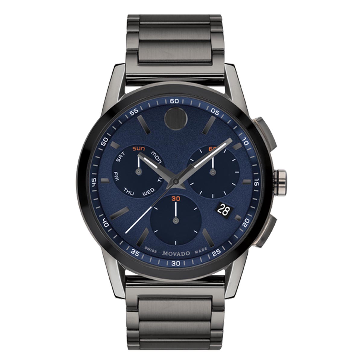 Mens Movado Museum Sport Watch with Blue Dial and Gunmetal Ion Stainless Steel Bracelet (Swiss quartz movement)