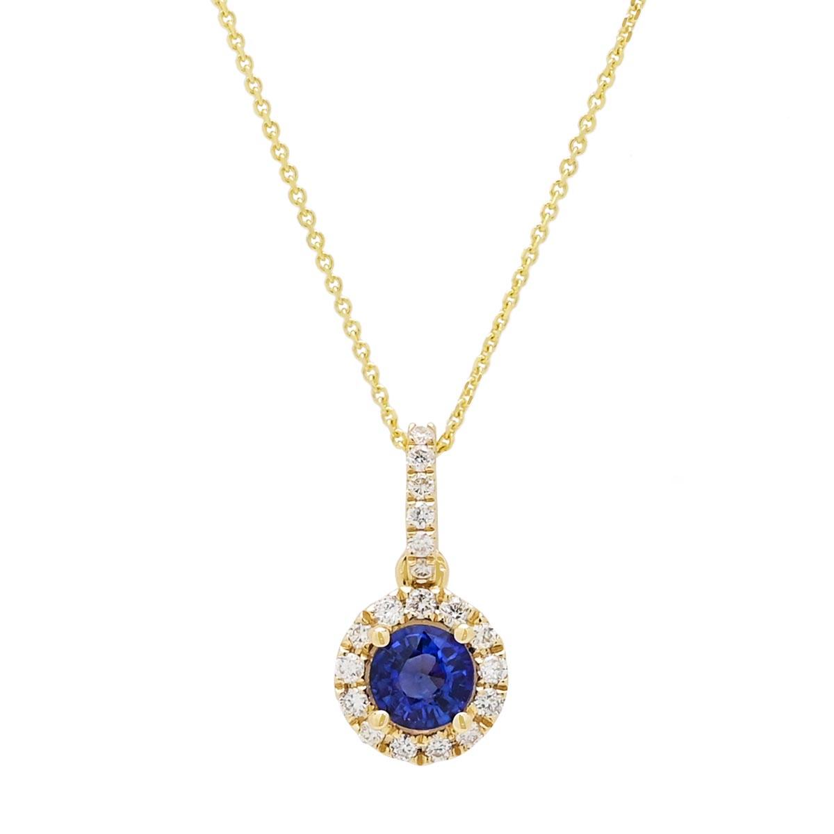 Sapphire Halo Necklace in 14kt Yellow Gold with Diamonds (1/7ct tw)